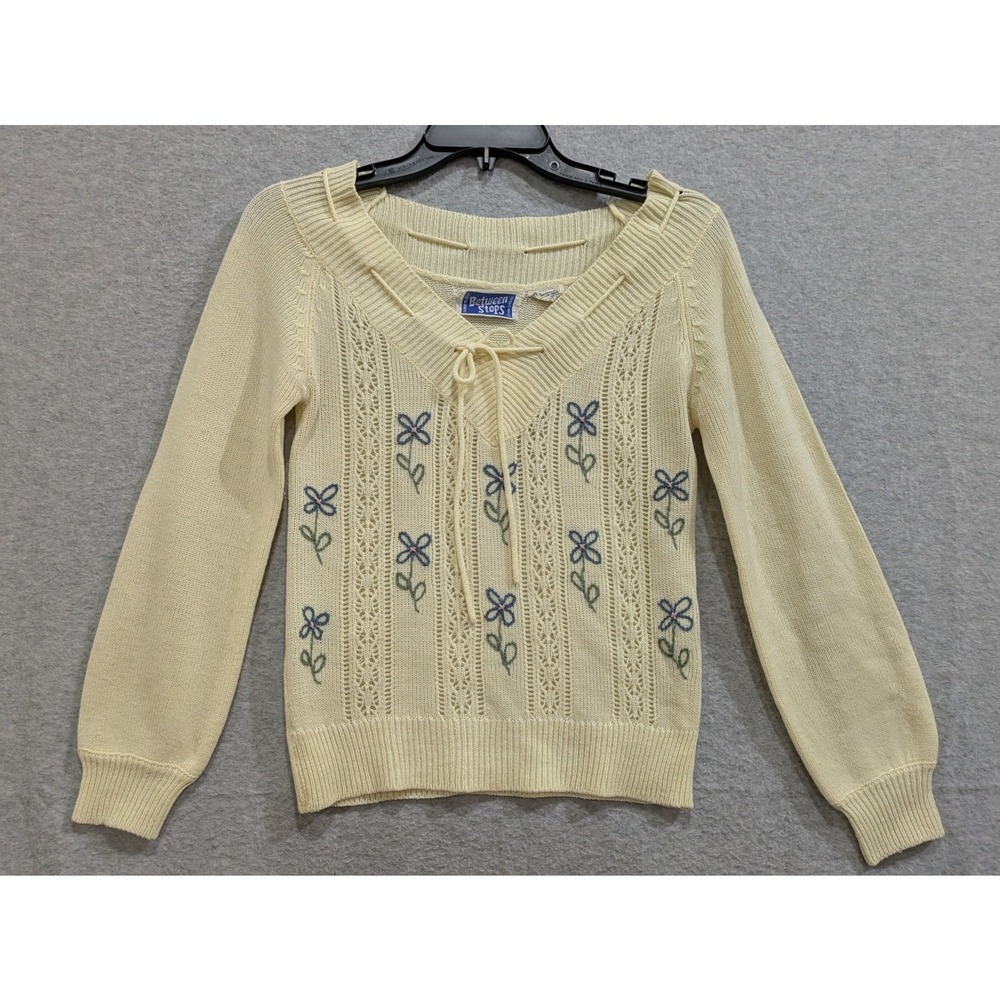 Between Stops Pullover Sweater Womens Small 100% Acrylic‎ Drawstring Knit Yellow